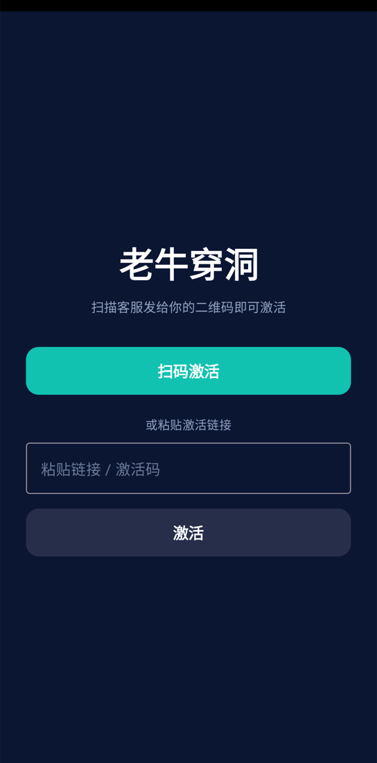 安卓客户端的激活界面：扫码激活按钮，下方为激活码输入框与激活按钮。界面中没有服务器地址、端口、密码等需自行填写的项目。